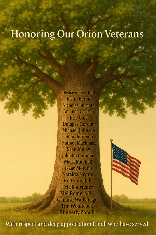 An oak tree carved with Orion Protective Services veterans’ names engraved on its trunk, an American flag at its base, and text reading “Honoring Our Orion Veterans” and “With respect and deep appreciation for all who have served.”